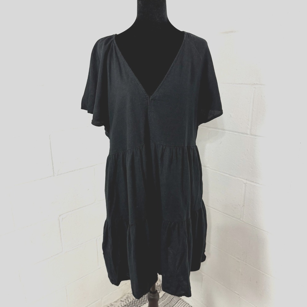 Universal Thread Black Linen Blend Skater Dress SZ L Ruffle Tiers Cottage Dainty